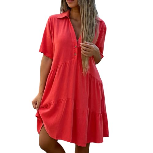 AMDOLE Vestido largo para mujer, con solapa, casual, de manga corta, de algodón y lino, vestidos florales para mujer, talla grande, rosso, XL