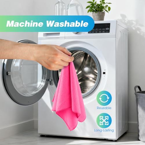 Image of HOMEXCEL Pink Microfiber Cleaning Cloth, 24 Pack Absorbent Cleaning Rags, Lint-Free, Streak-Free Cleaning Towels for Car Kitchen House, 12 inchX11 inch