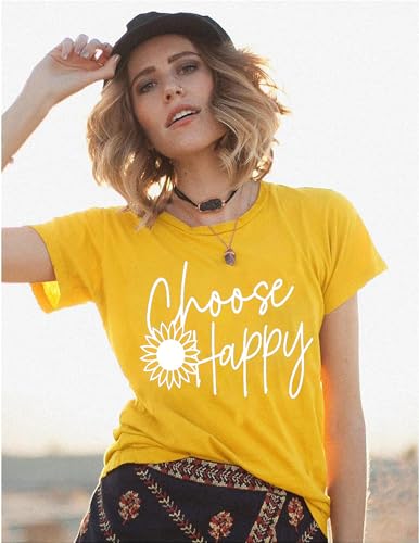 Graphic Tees for Women Choose Happy Letter Print Shirts Sunflower Women T Shirt Inspirational Short Sleeve Casual Tops2