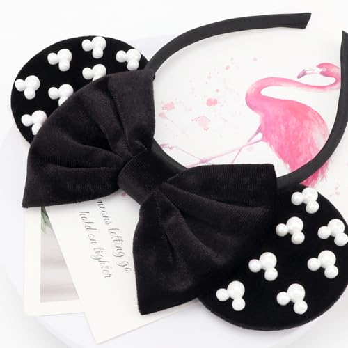 Image of DRESHOW Mouse Ears Headbands for Women Pearl Hairbands Bow Head bands Velvet Head band Christmas Cosplay Costume Princess Party Decorations Halloween & Disney Trip