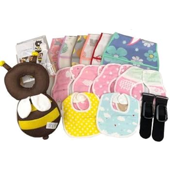 Amazon 赤ちゃんグッズ 詰め合わせ 出産祝い ラッピング済み 女の子用 赤ちゃんリュック ヘッドガード ベビーカーフック 食事エプロン スタイ セット おしゃれ よだれかけ メッシュ 夏仕様 滑り止めハーネスベルト付き リボン付きboxラッピング ギフトセット