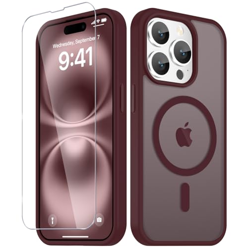 Image of YENAPOON for iPhone 14 Pro Case, Matte Magnetic Phone Cover [with 1 Screen Protector] [Support for MagSafe] [Shockproof Military Grade Protection] Translucent Frosted Back, Wine Red