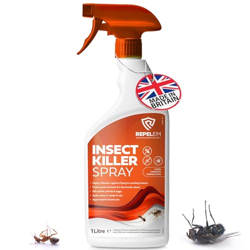 REPELEM Insect Killer Spray - Professional Strength Flying & Crawling Insect Treatment For The Home Effectively Targets Flies Ants Spiders Woodlice Silverfish Ticks Wasps & Dust Mites Large 1L