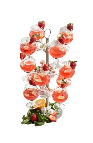 Cocktail Tree Stand, Metal Drink Tower, 3 Tier - 12 Holders For Champagne, Martini, Margarita Cups (Silver)