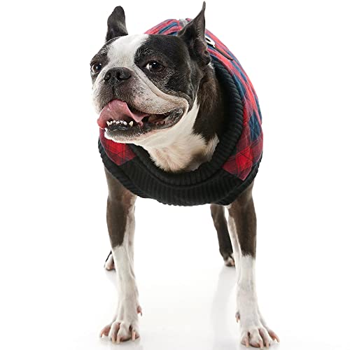 Image of Gooby Fashion Vest Check Dog Jacket, Red Check, X-Small | Checkered quilted bomber, water-resistant; Stretch knit bottom; Dual D-ring leash; Pain-free zipper guard
