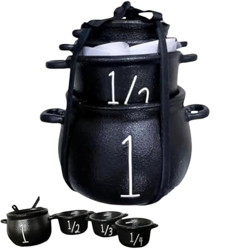 Halloween Mini Witch Cauldron Set of 4 - Black Small Measuring Cups, Cauldron Bowl With Handle, Wicked Candy Bucket, Halloween Decorations for Indoor Outdoor Decor