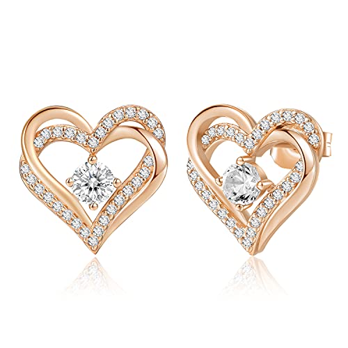 CDE Ohrringe für Damen 925 Sterling Silber Rosegold Forever Love Herz Geburtsstein Frauen Ohrstecker Schmuck Geschenk für Sie Valentinstag Geburtstags Weihnachten Muttertag Hochzeits Jubiläum Cover