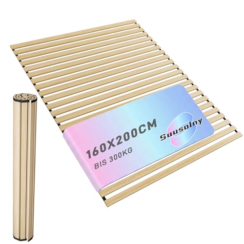 Suusolny Sommier à lattes enroulable 160 x 200 cm, avec 23 lattes en bois solides et bande élastique noire, charge maximale jusqu'à 300 kg - L