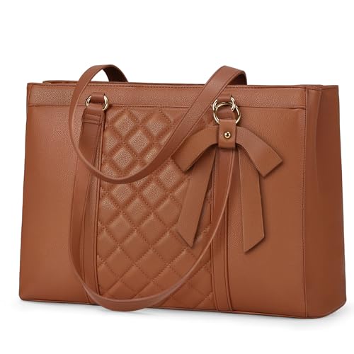 RAINSMORE Laptop Bag for Women 15.6 Inch Work Tote Bags Waterproof Leather Laptop Tote Professional Computer Briefcase Large Capacity Handbag for Office Teacher Travel, Brown