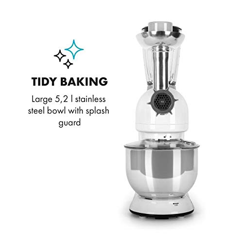KLARSTEIN Lucia Bianca • Multifunction Stand Mixer • Kitchen Machine • 1300 Watts • 5.3 qt Bowl • 1.3 qt Mixing Glass • Meat Grinder • Pasta Maker • Blender • Adjustable Speed • White