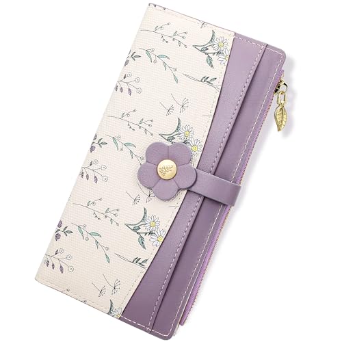 Image of Farcauo Long Floral Womens Wallet Cute Wallets for Women Purple Women's Wallet Kawaii Flower Card Wallets for Women Ladies
