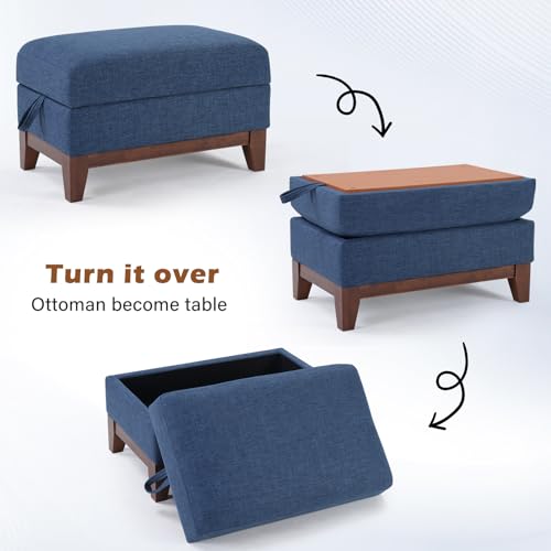 Image of Multifunctional Storage Ottoman with Flip-Top Table, Upholstered Soft Fabric Footrest with Storage Space, Stylish Coffee Table with Solid Wood Legs for Living Room, Blue
