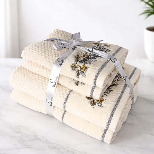 Image of SENSES By Riba Cotton Embroidered Towel Set, 550 GSM Soft & Absorbent, Antimicrobial, Oeko-Tex Certified | Ideal for Home & Gifting, Pack of 4 (2 Bath 27 inchX50 inch + 2 Hand Towels 16 inchX26 inch) - Style 8
