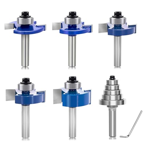 SICWOOD 5PCS Rabbeting Router Bit Set 1/4 Inch Shank 1-1/4 Cut Dia Rabbet Router Bit with 5 Bearings Set(Dia 1/2 5/8 3/4 7/8 1-1/8 ) for Cutting Rabbet Slots