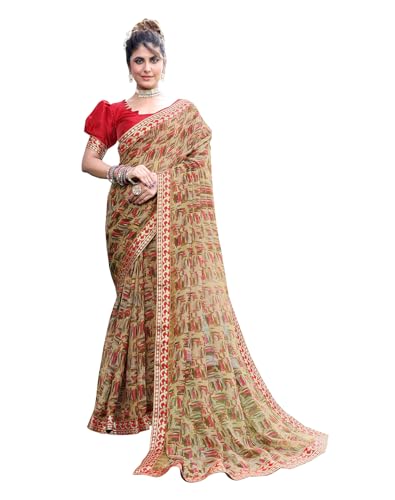 Image of Yashika Women's Georgette Saree with Lace Border |Solid Digital Printed Saree for Women