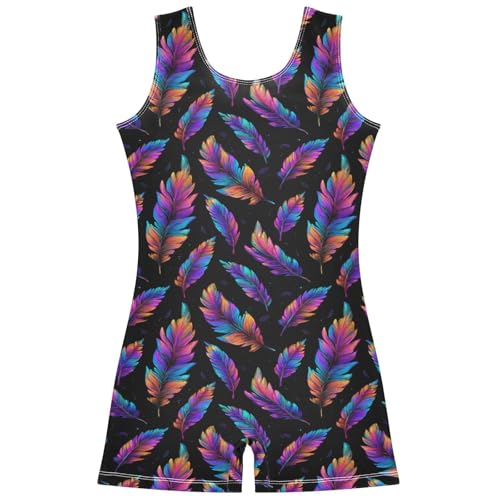 Aflyko Little Girl Gymnastics Leotard with Shorts Neon Colorful Feather Leaves One-Piece Activewear Soft Stretchy Tank Tops Fun Fashion Dance Outfit 7-8T