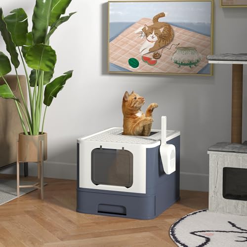 Caja de arena para gatos grande con tapa y pala, blanca miniatura 2
