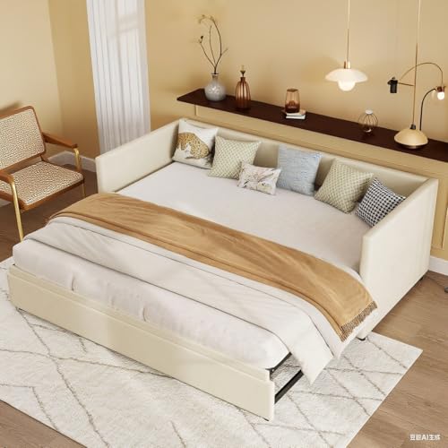 DAHUEN - Sofá cama para 2 plazas, sofá cama 90/180 x 200 cm con somier, cama desplegable, terciopelo, Beige (sin colchón) (Beige)