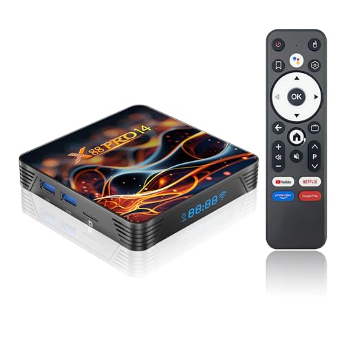 Android TV Box 14.0, 2025 Android Box RK3518 2GB 32GB Support 4K 8K WiFi 6 2.4G/5.8G Dual-Band WiFi HDR10+ 100M Ethernet Bluetooth 5.0 USB 3.0 Smart Box with Voice Remote Control