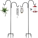 Outdoor Double Shepherds Hook/Bird Feeder Pole with 5 Shakes Base, DUYKQEM 76 inch Heavy Duty Garden Hanging Plant Stand 2 Pack, Outside Planter Holder Hanger for Lanterns Light,Wedding Flower Basket.