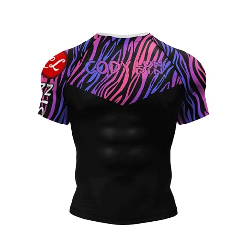 MECH-ENG Mens Graphic Compression Shirts Short Sleeve Quick Dry Athletic Workout Gym Undershirt Running Base Layer Top (Purple Gradient Stripes X-Large)