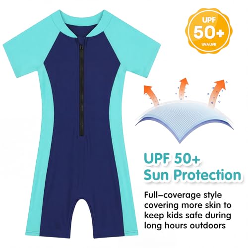 Image of Girls One Piece Swimsuit UPF 50+ Rash Guard with Front Zipper for Ages 3-14