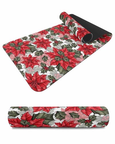 Debedcor Heat Proof Table Pads Waterproof Decorative, Christmas Poinsettia Non-Slip Table Countertop Protector, Winter Xmas Botanical Floral Insulation Mat for Kitchen Room, 40 x 12 Inches