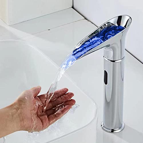 Retro Grifo con Sensor de Infrarrojos Frío y Calor Grifo Cascada Lavabo Led Cambio de Color Grifo de Lavabo con Sensor-Chrome_Alto