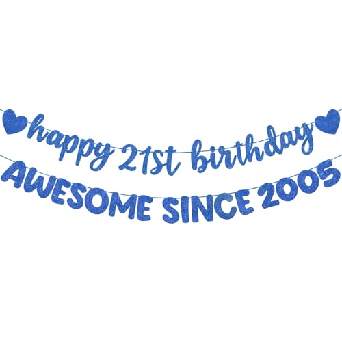 Fulmoon Pre Strung Happy 21st Birthday Awesome Since 2005 Banner Glitter 21st Birthday Sign for Party Decorations 21 Hanging Banner Photo Props Decor(Dark Blue)