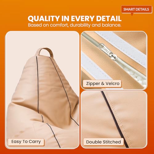 Image of Sattva Classic 4XL Bean Bag Chair with Beans Filled | Sofa Style Faux Leather Beanbags for Living Room | Pre-Filled Bin Bags Sofa & Beam Bag for Adults | Home & Office, Beige with Brown Piping