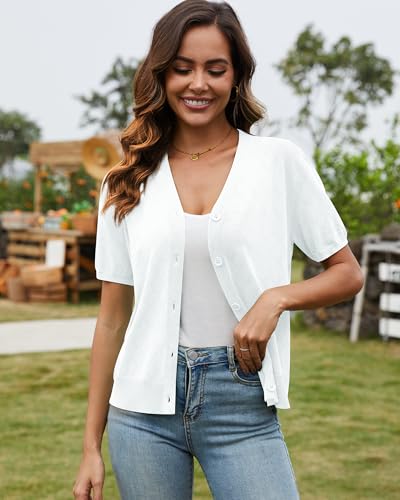 Short Sleeve Lightweight Summer Cardigan for Women, Button Down Open Front V Neck Crochet Knit Cropped Bolero Shrugs