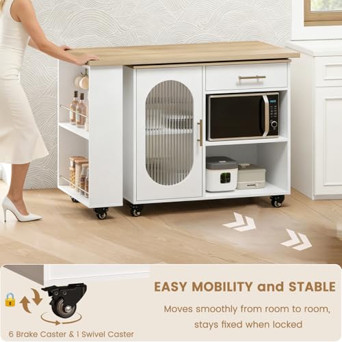 Image of HSH 71 inch Rolling Kitchen Island with Storage Seating on Wheels, White Oak | Mobile Island With 360 Swivel Table, With Power Outlet, Storage Cabinet, Open Adjustable Shelves Fit In Microwave