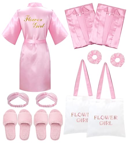 10 Pcs Flower Girl Robe Set Flower Girl Robes Slippers Canvas Bag Hairbands Hair Ties for Spa Birthday Wedding Party