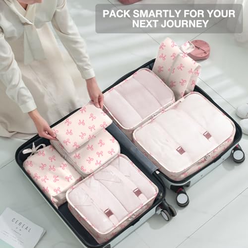 Image of 8 Set Packing Cubes for Suitcases,Suitcase Organizer with Shoe,Cosmetics,Clothing, and Accessories Bags for Travel Luggage Organizer Women Men(Pink Bows)