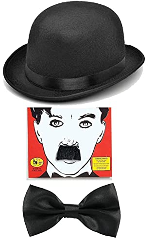 Mega_JumbleSale® Laurel & Hardy Charlie Chaplin TV 1920's 20's Movie Star Fun Black Bowler Hat, Black Bow Tie and Mustache Kit - Stag Comedy TV Fun Fancy Dress