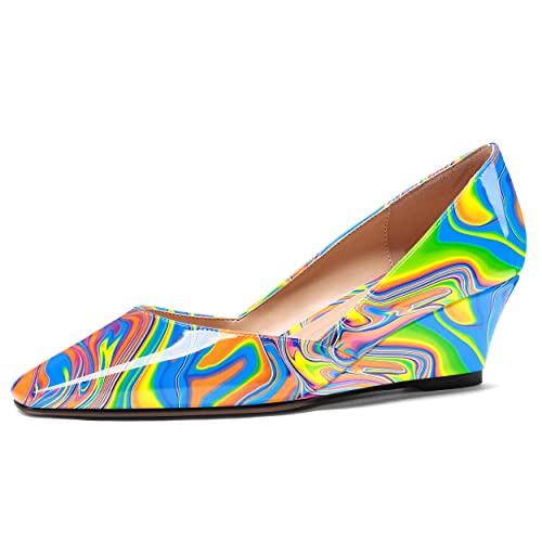 MODENCOCO Women's Patent Casual Slip On Square Toe Office Wedge Low Heel Pumps Shoes 2 Inch