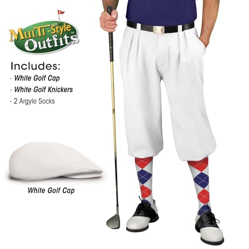 Mens Multi Style White Golf Outfit - Matching Knickers and Cap - Two Over-The-Calf Golf Socks2