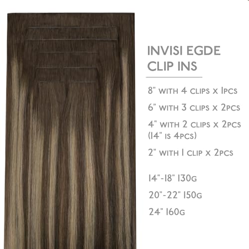 Image of WENNALIFE Invisible Edge Seamless Clip in Hair Extensions Real Human Hair | 20'' 150g 7pcs Balayage Chocolate Brown to Caramel Blonde. Ultra-Thin PU Weft, Easy Clip On Extensions, Comfortable