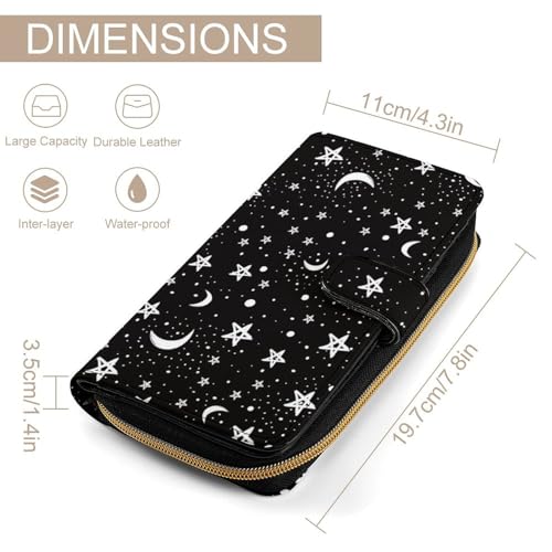 Black White Moon And Star Pattern Leather Wallets Large Capacity Zipper Pocket Card Holder with ID Window, 19.7x11x3.5cm, style2