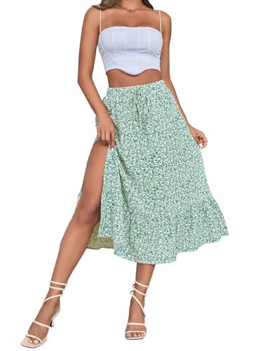 Milumia Women's Floral Drawstring High Waist Skirt Boho Split Thigh Ruffle Flowy Midi Skirts