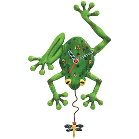 Allen Designs Enesco Frog Catching a Dragonfly Sculpted Pendulum Wall Clock, 14 Inch, Green Cover