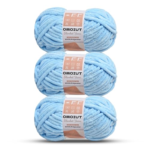 Image of 3 Pack of Sky Blue Chunky Chenille Yarn for Crocheting, Soft Baby Blanket Yarn, Chunky Knit Blanket Crochet Yarn, #7 Super Bulky, 10.6oz /164 yds Fluffy Velvet Amigurumi Yarn