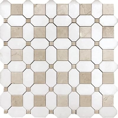Apollo Tile 12.2 x 12.2 in. Multi-Shaped Polished White Thassos and Crema Marfil Marble Tile 5-Pack APLVL88S11A for Garage, Bathroom, and Shower Wall/Floor, Kitchen Backsplash, Accent, Patio