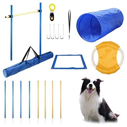 Yiotl Dog Agility Equipment Set, 30 Pcs Outdoor Dog Obstacle Training Course Kit, Including Frisbee, Pause Box, 2 Tunnel, Adjustable Hurdles, 8 Weave Poles, Whistle, Carrying Bag