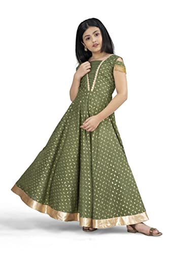 Image of Fashion Dream Girls Crepe Silk Maxi Length Foil Printed Dress|Maxi Dress|Long Dress|Printed Dress|Foil Printed Dress(Olive 5-6 Year)