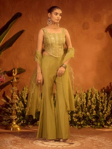 Image of FIORRA Women Olive Green Viscose Chanderi Embroidered Ethnic Top Palazzo Set with Dupatta