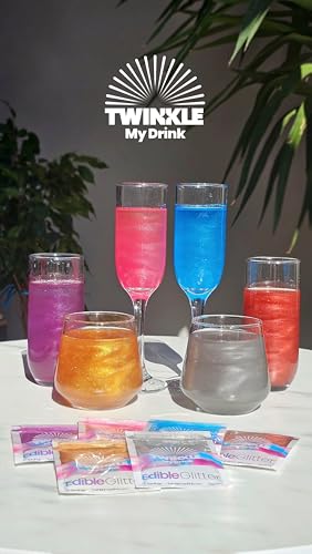 Twinkle my Drink® Essbarer Glitzer für Getränke - 6 Farben Gold Silber Rosa Blau Lila Burgunder Rot - 6x5g (30g) Vegan - Halloween Deko - Für Cocktails Kuchen Desserts - Geschmacksneutral