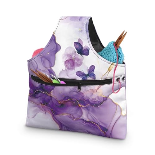 Image of KUIFORTI Butterfly Yarn Bag Purple Marble Knitting Crochet Tote Bag, Yarn Storage Bags Organizer, Crochet Accessories Stylish Crochet Bags for Crocheting Project, Large Size