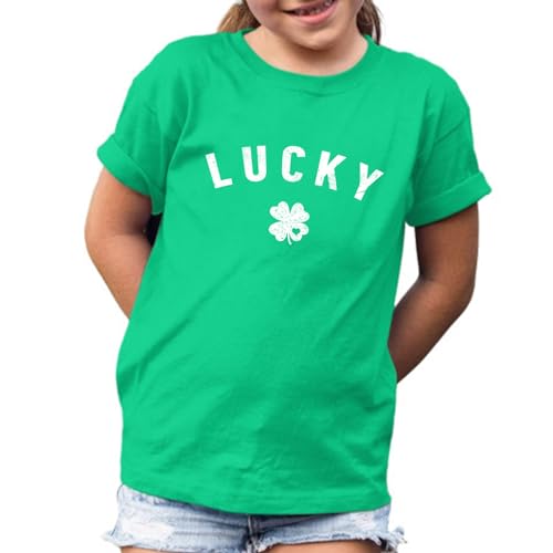 Fkatuzi Cute Lucky Girls St Patricks Day Shirt Four Leaf Clover T Shirt Green Kids Graphic Tee Cotton Short Sleeve Tops(Green, 130) - Main Image