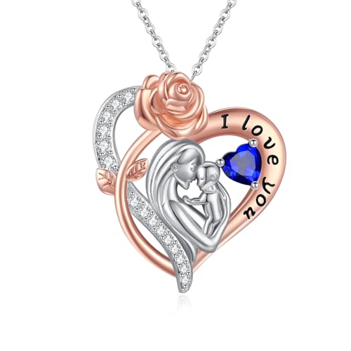 WYDDO Mom Birthstone Necklace for Women Sapphire Mother Rose Hear Pendant Mother's Day Anniversary Birthday Christmas Valentine's Day September Jewelry Gifts for New Mom Her Wife Daughter